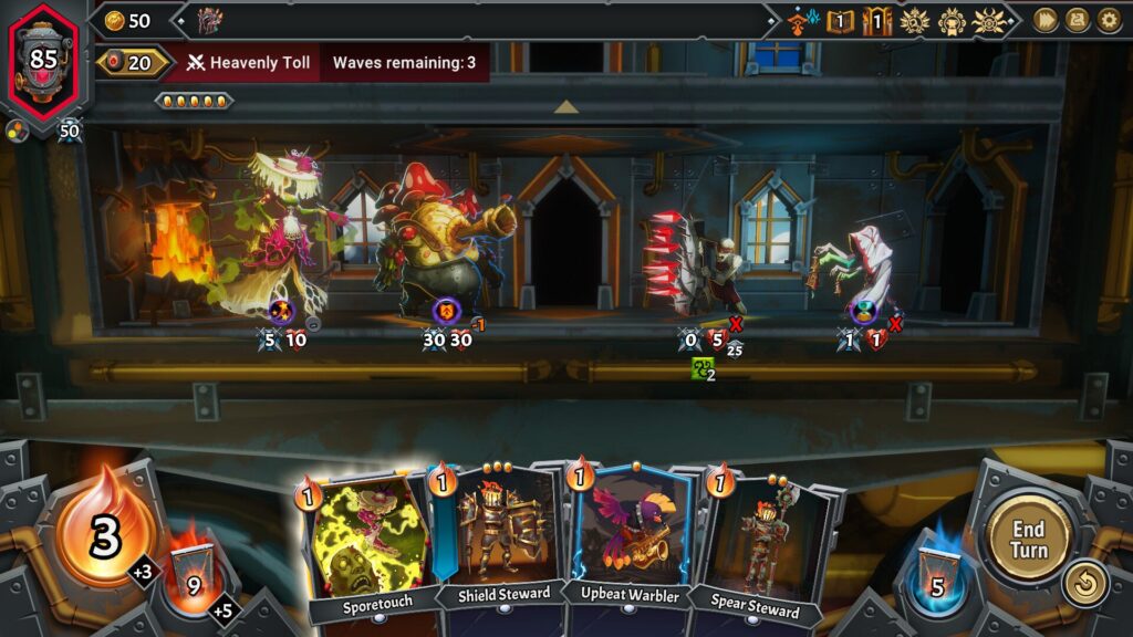 Monster Train 2 battle showing three train floors with units and enemies