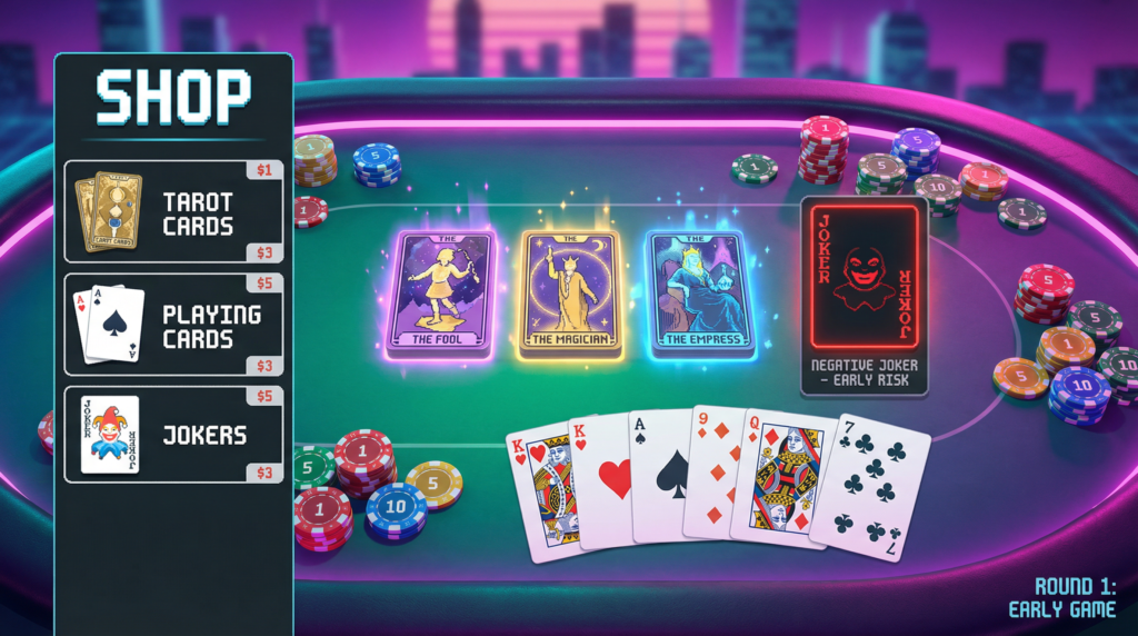 Balatro beginner shop tarot cards and first joker purchase