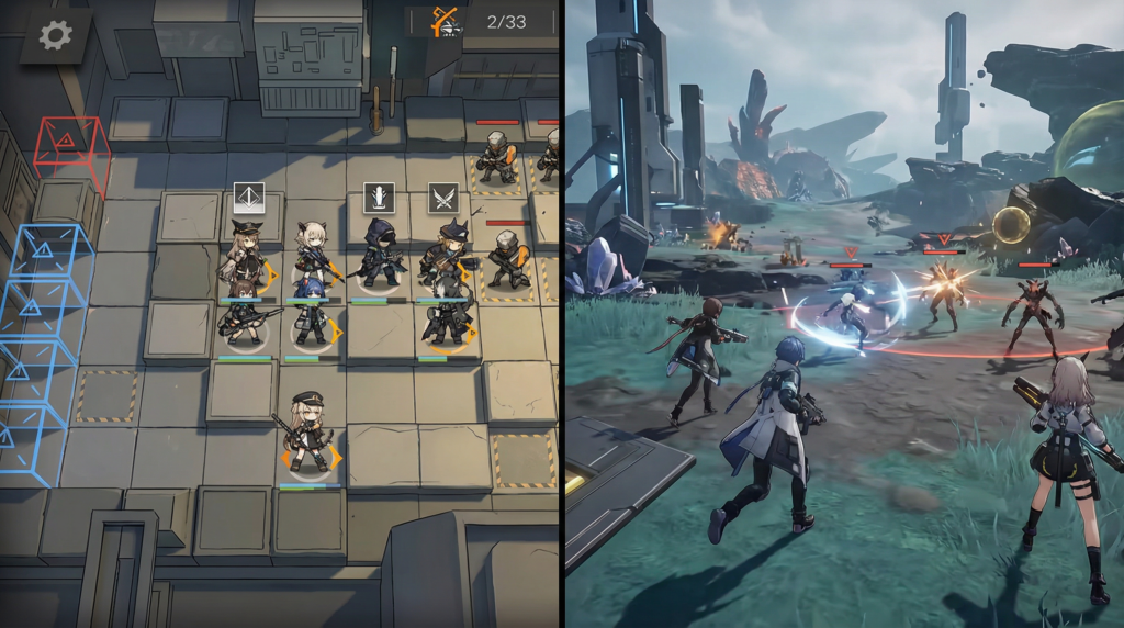 Arknights Endfield vs Arknights gameplay comparison showing 2D tower defense and 3D real-time combat